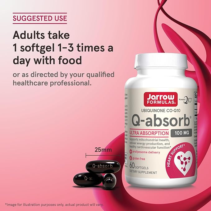 Jarrow Formulas Q-absorb Ubiquinone Co-Q10 100 mg, Dietary Supplement, Antioxidant Support for Mitochondrial Health, Cellular Energy Production and Cardiovascular Health, 60 Softgels, 60 Day Supply