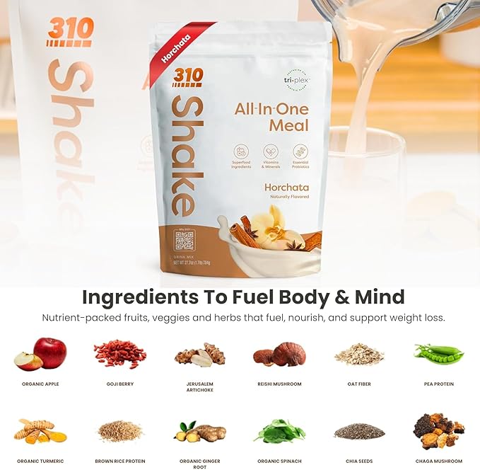 310 Nutrition All-In-One Meal Replacement Shake Powder - Plant-Based Protein Smoothie Blend w/High Fiber, Probiotics & Adaptogens - Low Carb, Vegan, Keto & Paleo Friendly - Horchata - 28 Srv