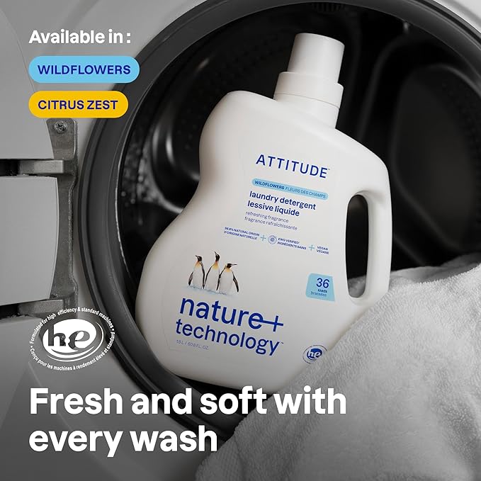 ATTITUDE Liquid Laundry Detergent, EWG Verified, HE Compatible, Plant-Based & Vegan, Natural Laundry Soap, Wildflowers Scent, 36 Loads, 60.8 Fl Oz