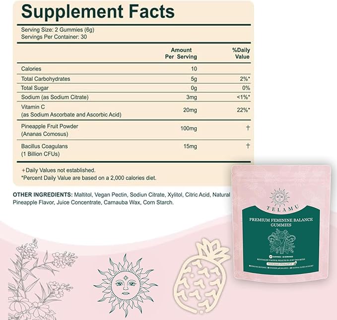 Premium Feminine Balance Gummies ph Balance for Women probiotic Gummies Immune Support, Vegan, Gluten-Free, Hawaiian Pineapple 60 Gummies 30 Servings