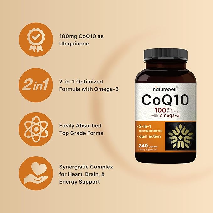 NatureBell CoQ10 100mg with Omega 3, 240 Capsules | Stable High Absorption Form – Antioxidant Support for Heart & Energy Health – Extra Strength Coenzyme Q10 Supplement
