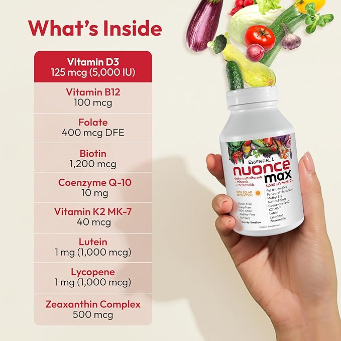 ANDREW LESSMAN Essential-1 nuonce max Multivitamin 5000 IU Vitamin D3 360 Small Capsules. 100 mcg Methyl B12. CoQ10 Lutein Lycopene Zeaxanthin. High Potency. No Additives. Ultra-Mild One Daily Capsule