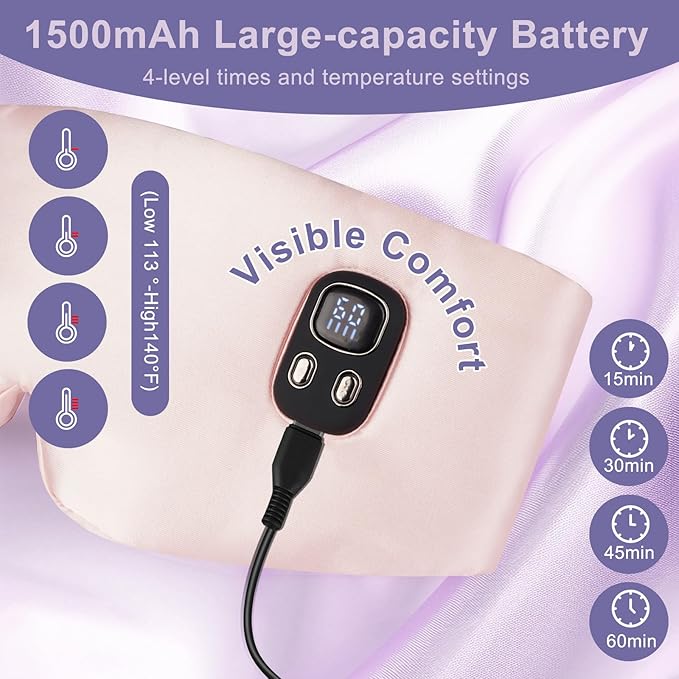 100% Mulberry Silk Heated Eye Mask, Cordless Heated Eye Masks for Dry Eyes, 4 Time Levels and 4 Temperature Settings, Visualized LED Screen, 1500mAh, Total Light Blocking