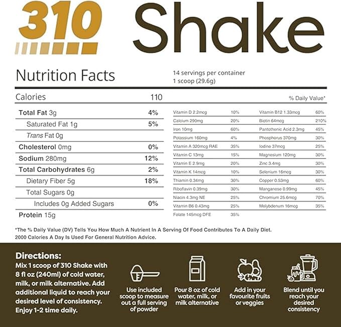 310 Nutrition All-in-One Meal Replacement Shake Powder - Plant-Based Protein Smoothie Blend w/High Fiber, Probiotics & Adaptogens - Low Carb, Vegan, Keto & Paleo Friendly - Chocolate Icing - 14 SRV