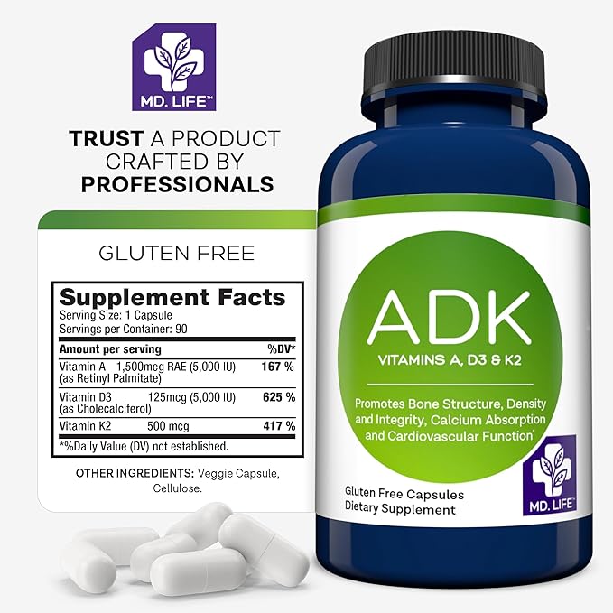 MD Life ADK Vitamin Supplement With Vitamin D3, K2 & A - 90 Capsules - Supports Bone & Heart Health - High Potency ADK Complex