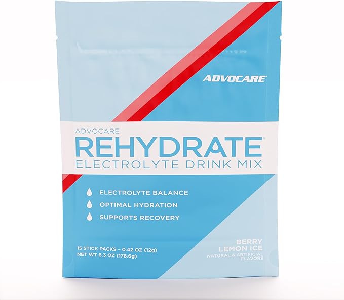 AdvoCare Rehydrate Electrolyte Drink Mix - Hydration & Recovery Drink with Sodium, Potassium & More - Berry Lemon Ice - 15 Hydration Packets