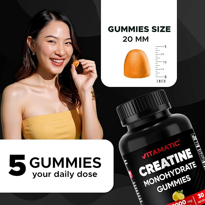 Vitamatic Creatine Gummies 5000mg per Serving Natural Lemon Flavor – 150 Gummies – Creatine Monohydrate for Muscle Strength, Energy & Recovery – Non-GMO, Gluten-Free