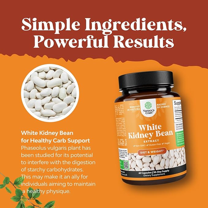 White Kidney Bean Extract Carb Blocker - White Kidney Beans Supplement for Metabolism Boost & Ease Calories from Starchy Food - Carb Control Supplements - 60 Capsules