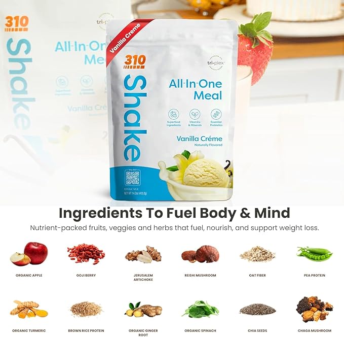 310 Nutrition All-In-One Meal Replacement Shake Powder - Plant-Based Protein Smoothie Blend w/High Fiber, Probiotics & Adaptogens - Low Carb, Vegan, Keto & Paleo Friendly - Vanilla Creme - 14 Srv