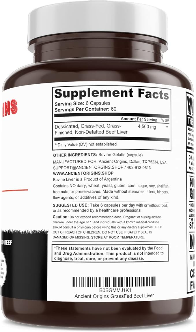 Ancient Origins Grass Fed Beef Liver Two Month Supply, Supports Energy Production, Cleansing, Digestion, Immunity and Full Body Wellness, Non GMO, Freeze Dried Liver Supplement, 360 Capsules