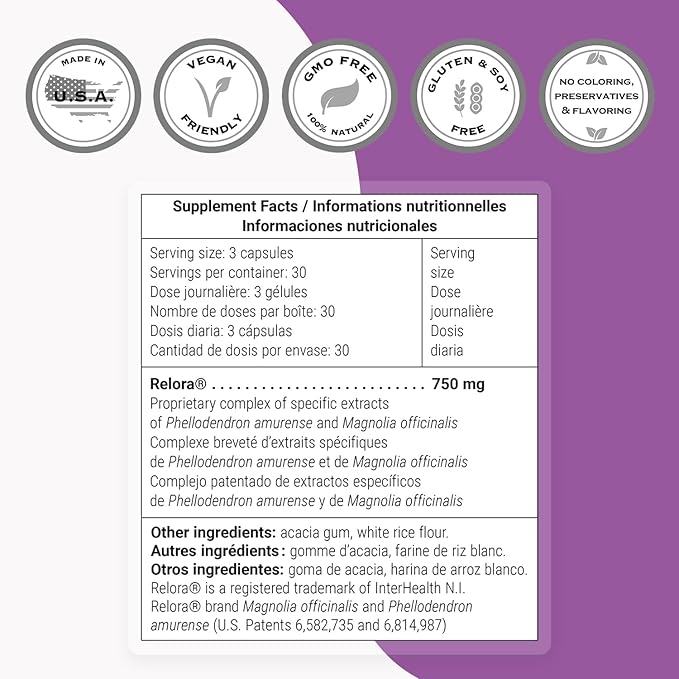 SUPERSMART - Relora® 750 mg Per Day - Phellodendron Amurense & Magnolia Officinalis Extract Great for Stress & Emotional Relief | Non-GMO & Gluten Free - 90 Vegetarian Capsules