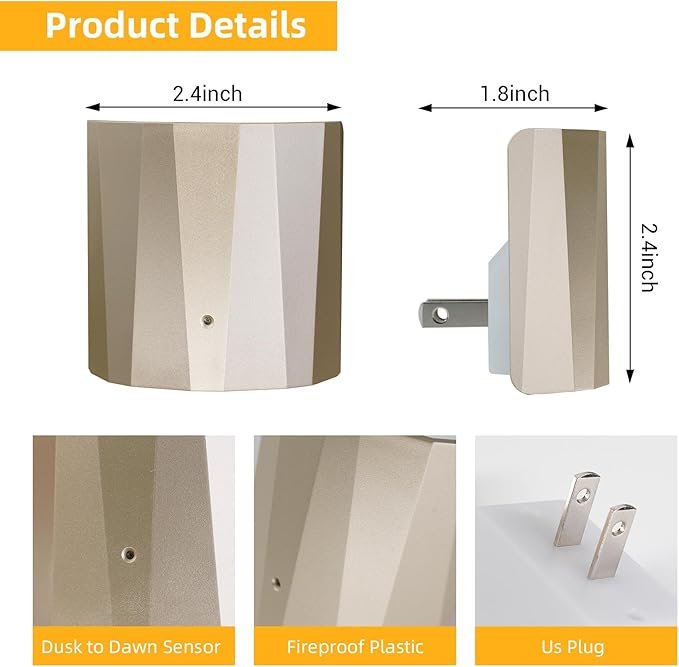 Dawnrise Plug in Night Lights for Wall, Dawn to Dusk Night Light with 3000K/5Lm, Backlit Nightlights for Bedroom, Kids Room, Hallway, Living Room, Kitchen, Stairway, Entrance (Champagne, 3 Pack)