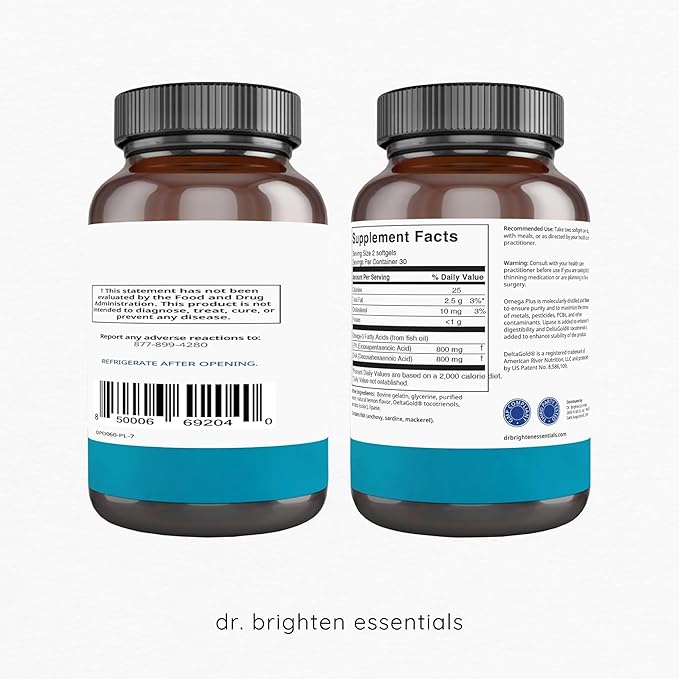 Dr. Brighten Omega Plus — 1600 mg of EPA/DHA Non-GMO Fish Oil Supplement for Heart, Brain, and Immune System — 60 Softgels