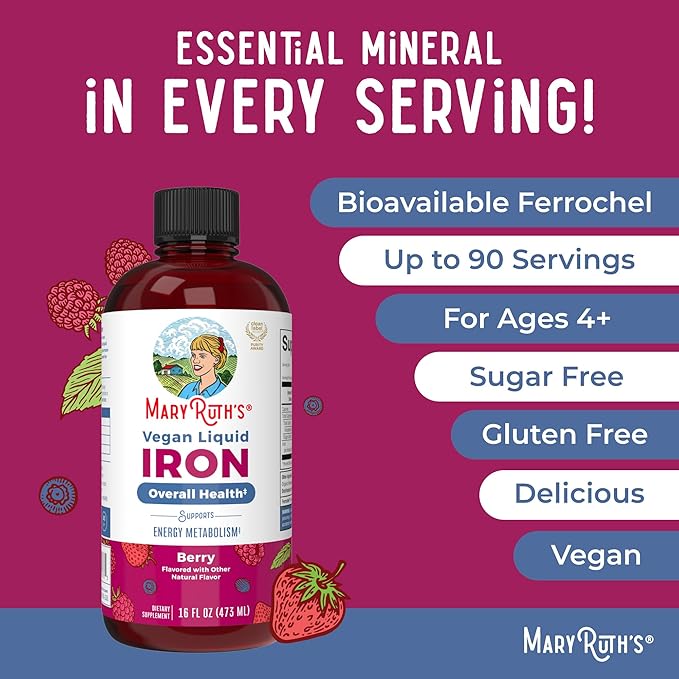 MaryRuth Organics Iron Supplement for Women Men & Kids, Liquid Iron Supplement for Women Men & Kids, Iron for Healthy Blood & Oxygen, Ages 4 & Up, Sugar Free, Vegan, Non-GMO, Gluten Free, 15.22 Fl Oz