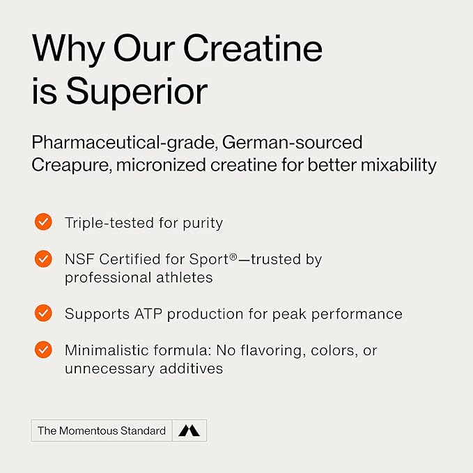 Momentous Creatine Monohydrate Powder - Creapure Creatine Powder - Supports Strength, Lean Muscle, & Recovery for Men & Women - NSF Certified for Sport - 5 g per Serving - 90 Servings