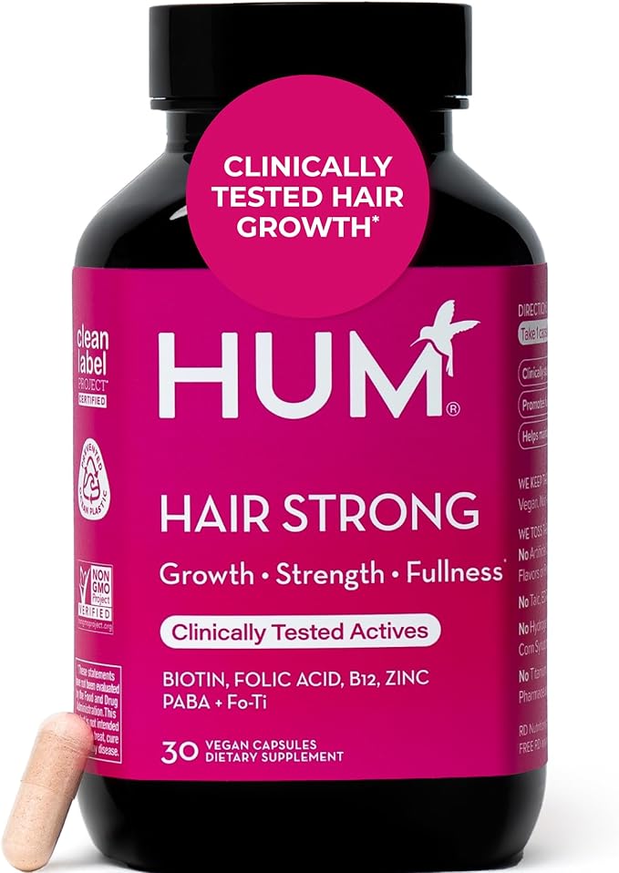 HUM Hair Strong Daily Hair Growth Supplement with Biotin, Zinc, Vitamin B12 to Support Growth, Folic Acid & Vitamin B12 Vitamins for Healthy Hair Support for Women and Men, 180 Vegan Capsules