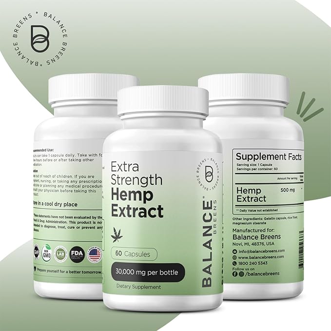 Balance Breens Hemp Extract Capsules 30,000 mg per Bottle - Natural Dietary Supplement Supports Brain Functions, Immune Support - Rich in Omega 3-6-9 Fatty Acids (60 Count (Pack of 1))