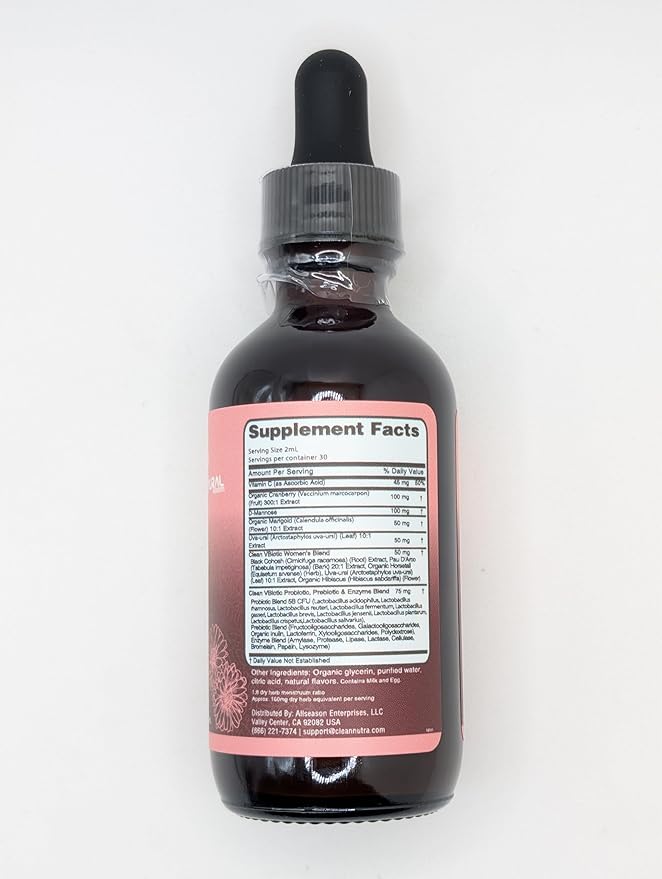 VBiotic Vaginal Probiotic for Women Liquid Drops | Womens Probiotics | Cranberry Uva Ursi Horsetail D-Mannose Prebiotics Marigold & Black Cohosh Vaginal Health Supplement | pH Balance | By Clean Nutra