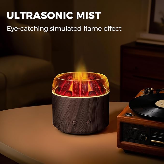 Mini Bonfire Air Diffuser, Ultrasonic Cool Mist Aroma Scent Diffuser for Essential Oils, Fire Mist Humidifier with Warm LED Glow, 2 Brightness, Auto-Off, Night Light for Room Home Office – Dark Wood