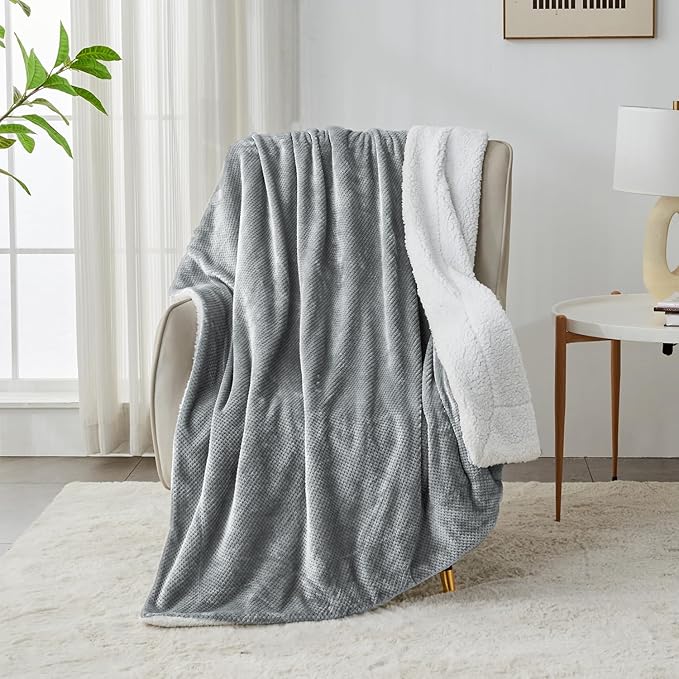 SOCHOW Waffle Sherpa Fleece Throw Blanket, Super Soft Fuzzy Warm, Lightweight Fluffy Reversible Plush Blanket for Bed Sofa Couch, 50 x 60 Inches Grey