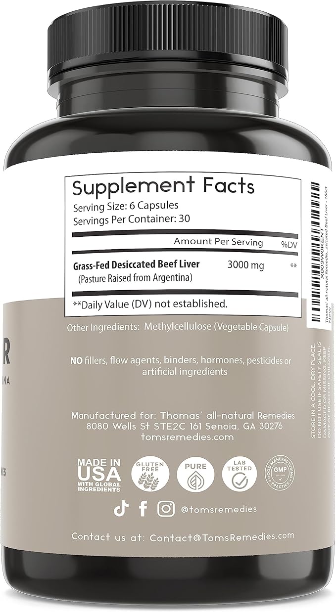 Thomas' all-natural Remedies Grassfed Beef Liver Supplement, 3000mg Liver Support Supplement, Pasture Raised in Argentina, Non-GMO & Hormone Free (180 Caps)