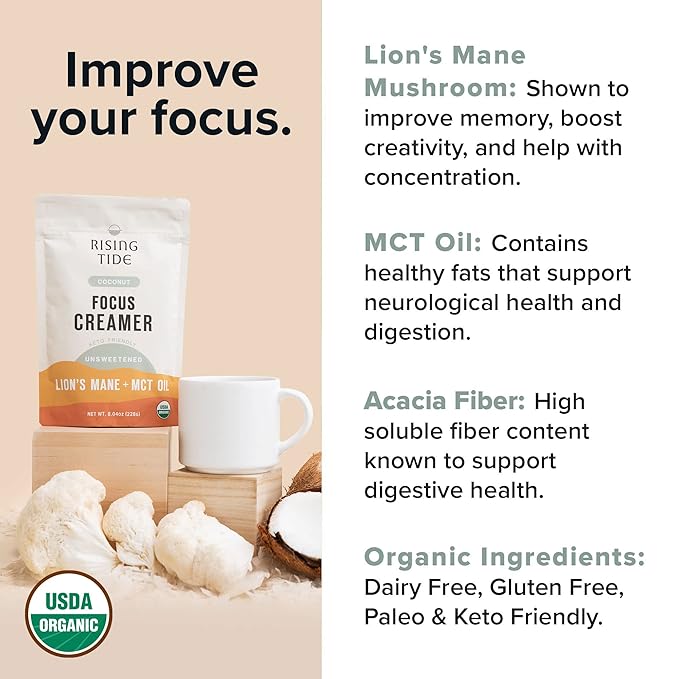 Rising Tide Organic Mushroom Superfood Creamer - Coconut Milk Powder, Lions Mane Mushrooms, & MCT Oil - Dairy Free, Unsweetened, Keto Friendly & Plant-Based - Only 4 Ingredients - Add to Coffee, Matcha or Smoothies