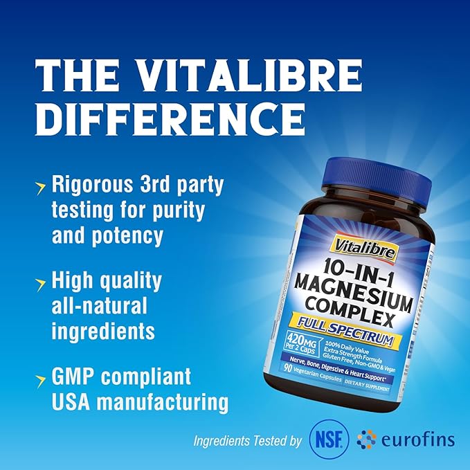 10 in 1 Magnesium Complex, 420mg Elemental Magnesium | Ultra Strength, Max Absorption | Chelated Magnesium Supplement for Sleep, Nerves & Heart Health | Non-GMO, 90 Vegan Capsules