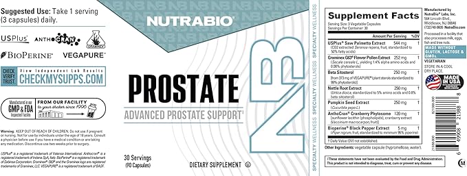 NutraBio Prostate- Advanced Prostate Function Support- Inflammation Defense and Antioxidant Support- 90 Capsules