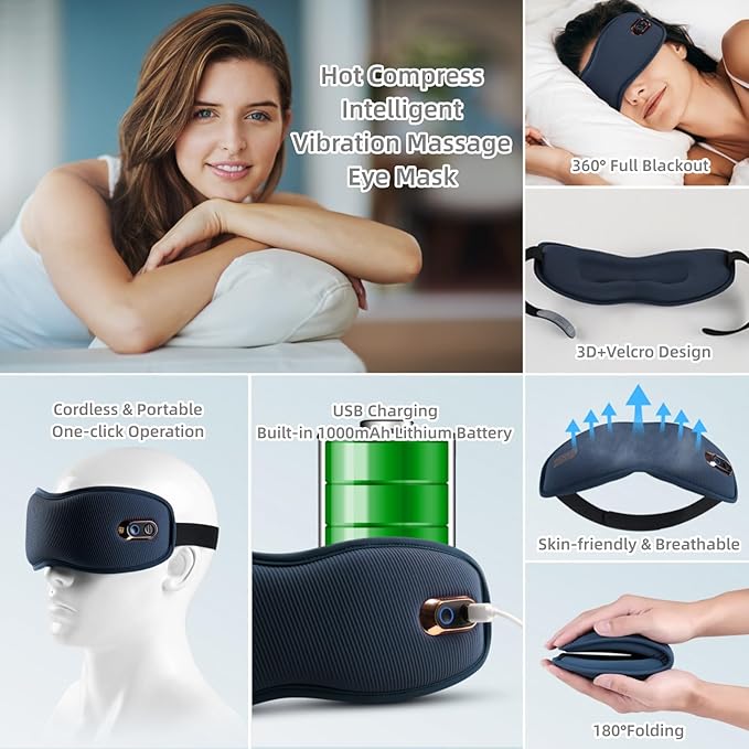 Heated Eye Mask Cordless for Dry Eyes, Warm Eye Compress with Vibration Relaxation Function,for Dry Eyes & Better Sleep, Light Blocking Heat Eye Mask for Men Women