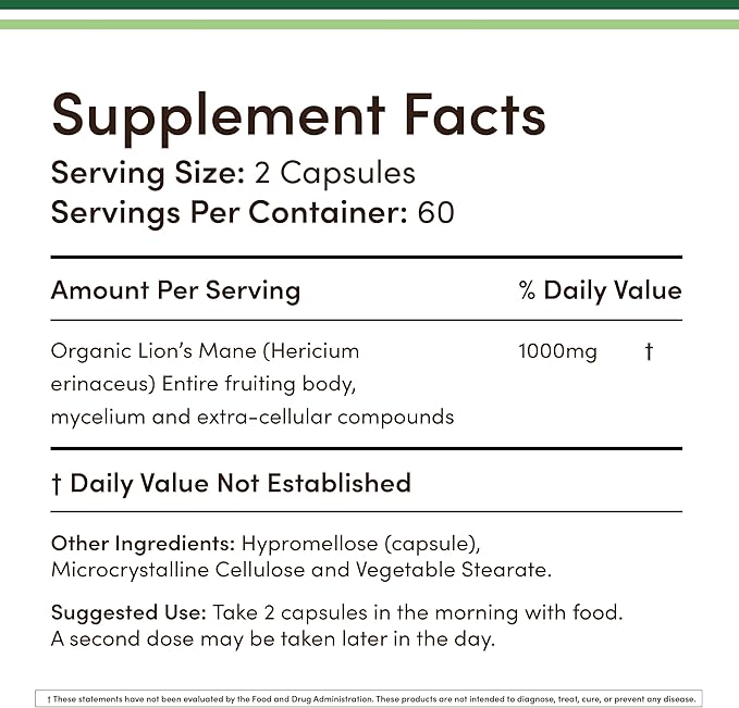 Organic Lions Mane Mushroom Capsules (120 Count), for Brain Support and Immune Health, Third Party Tested and Grown in The USA - by Double Wood