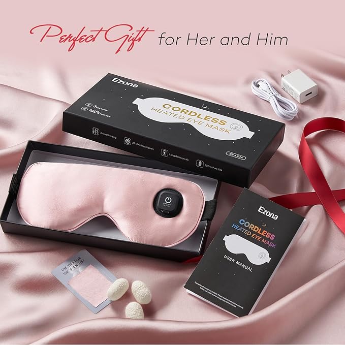 Ezona Silk Cordless Heated Eye Mask, Warm Eye Compress Mask for Dry Eyes, Washable Eye Heating Pad for Travel, Dry Eyes, Blepharitis, Sinus Migraine (Pink)