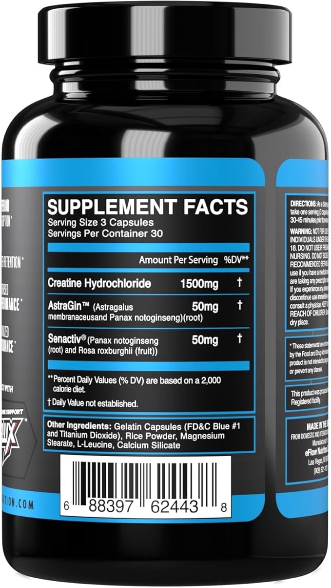 eFlow Creatine Capsules, HCL Creatine Pills - Creatine Supplement for Men & Women, Muscle Builder, Endurance, Strength, with AstraGin and Senactiv (1500mg, 90 Capsules)