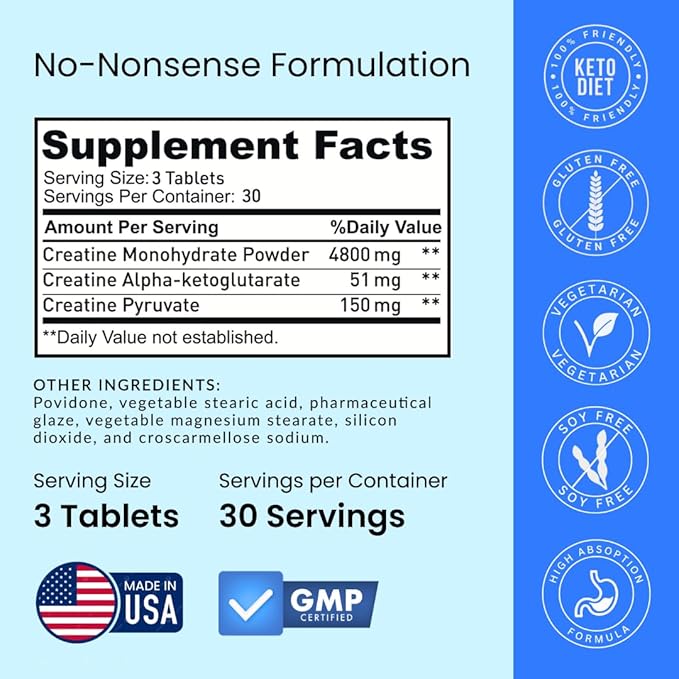 Creatine Pills, 5g 3X Pure Creatine Monohydrate Pills, Pre Workout Bulk Muscle Mass Gainer, High Absorption Easy to Take ThreeAtine 3 Type Optimum Performance for Lean Growth Men Women, 90 Tablets