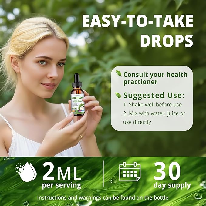 Soursop Drops - 10 in 1 Soursop Bitters Liquid, 2000mg Soursop Extract with Sea Moss, Moringa, Turmeric, Black Seed Oil, Oregano, Ashwagandha - Immune, Antioxidant, Digestive & Cell Support, 2 Fl Oz