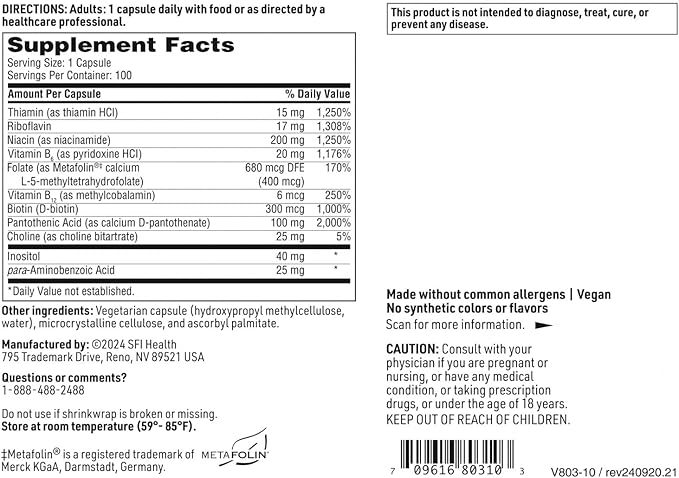 Klaire Labs SFI Health B Complex Plus - High Potency B Vitamin Complex with B12 Methylcobalamin, B6 & Metafolin Folate - Energy, GI Tract & Brain Health Support - Hypoallergenic (100 Capsules)