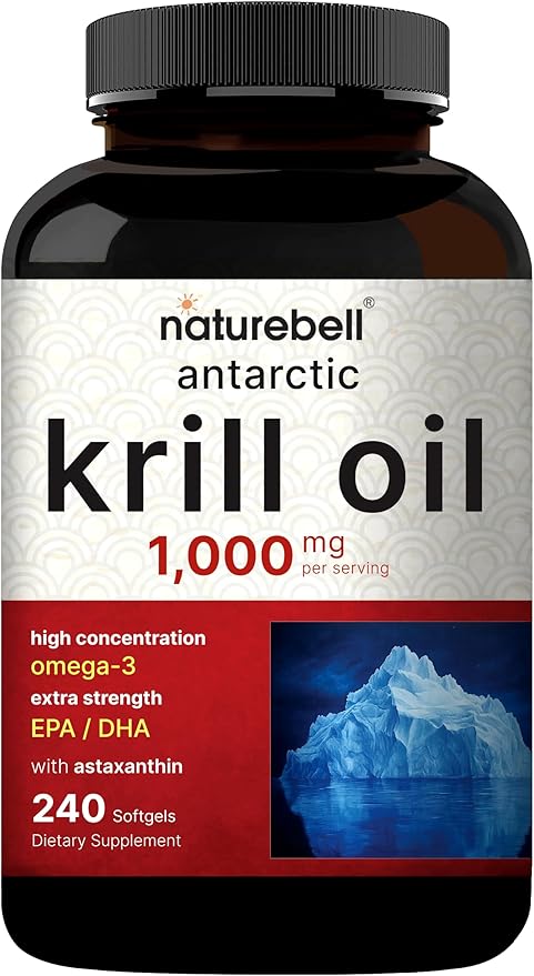 NatureBell Antarctic Krill Oil 1000mg Supplement, 240 Softgels, Natural Source of Omega-3s, EPA, DHA and Astaxanthin - No Aftertaste - Support Heart Health, Mercury Free & Non-GMO