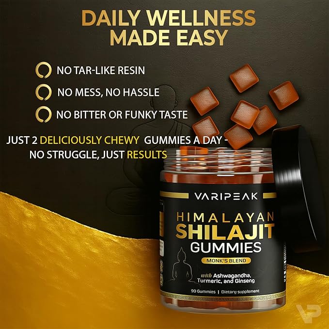 Shilajit Gummies - 5-in-1 Adaptogen Supplement with Ashwagandha, Ginseng, Turmeric, & Black Pepper | Energy, Focus, Immunity & Vitality Support | Organic, Vegan, Sugar-Free | 90 Count
