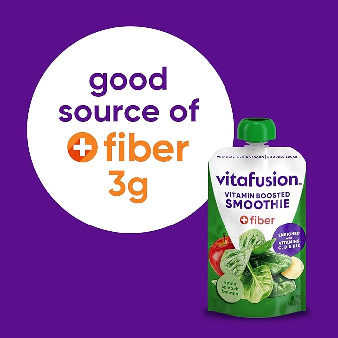 vitafusion Vitamin-Boosted Smoothie +Fiber with Energy Metabolism and Immunue Support, Apple Spinach Banana Flavor Excellent Source of Vitamins C, D, and B12, 3.5oz, 6 Count