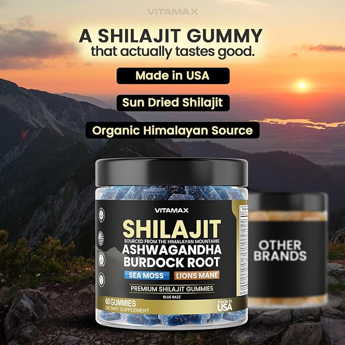 Organic Shilajit Gummies, Sea Moss, Ashwagandha, 105+ Trace Minerals – Organic Burdock Root & Lions Mane Mushroom - Blue Razz – Vegan & Non-GMO – Made in USA – 60ct
