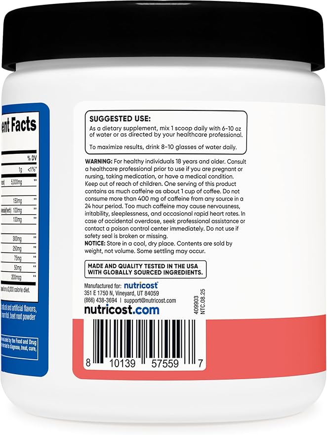 Nutricost Creatine + Energy 30 Servings (Watermelon Flavored) - 5,000mg Creatine Monohydrate + 350mg Energy Complex Per Serving