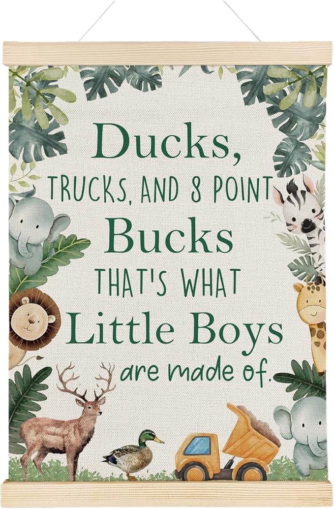 Nrleey Boy Nursery Wall Decor with Wooden Poster Hanger - Little Boy Room Decor, Woodland Baby Animal Truck Wall Art Posters for Nursery Bedroom Playroom, 12x16 Inch