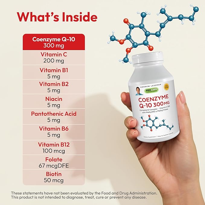 ANDREW LESSMAN Coenzyme Q-10 300 mg 30 Capsules - Essential for Energy Production and Optimum Key Organ Function, Anti-Oxidant Support, Depleted by Aging, Plus B-Complex. Easy to Swallow Capsules