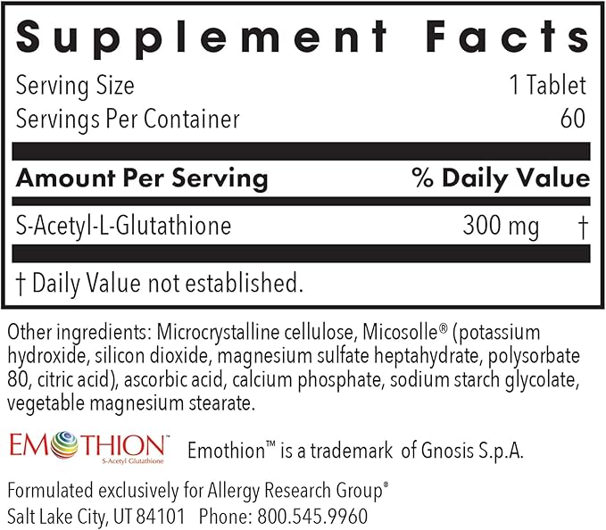Allergy Research Group Acetyl-Glutathione - S-Acetyl-L-Glutathione, Well Absorbed Oral Immune Support, 300 mg Supplement - 60 Count