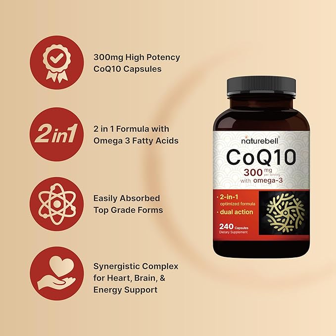 NatureBell CoQ10 300mg with Omega 3, 240 Capsules - 120 Day Supply | Stable High Absorption Form – Antioxidant Support for Heart & Energy Health – Extra Strength Coenzyme Q10 Supplement