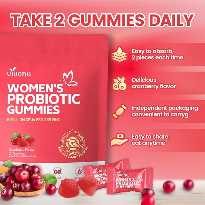 Vaginal Probiotics for Women, Feminine Balance pH Gummies for Healthy Odor, Yeast Balance & Flora + Vitamin C for Immune Support -Cranberry