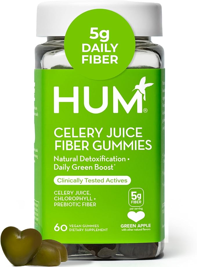HUM Celery Juice Fiber Gummies for Adults, First Prebiotic Celery Juice Gummy, Gluten Free Fiber Supplement Supports Detoxification, Gut Health, Greens Gummies, Chlorophyll & Prebiotic Fiber, 60 Count