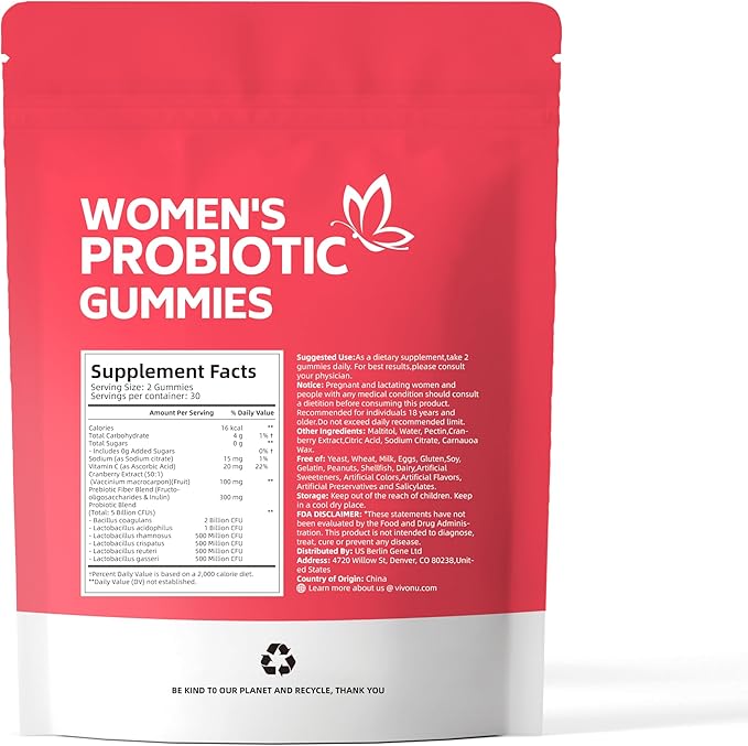 Vaginal Probiotics for Women, Feminine Balance pH Gummies for Healthy Odor, Yeast Balance & Flora + Vitamin C for Immune Support -Cranberry