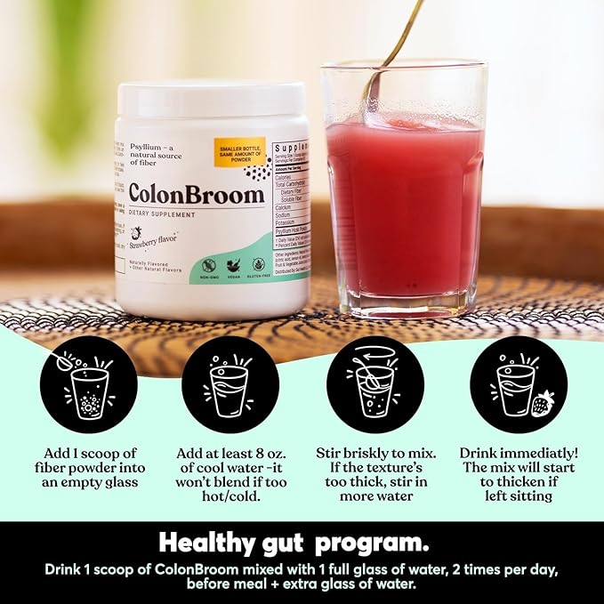 ColonBroom Psyllium Husk Powder (Strawberry) - Colon Cleanse for Bloating Relief & Gut Health - Colon Broom Fiber Powder Drink - Vegan, Gluten Free, Non-GMO Fiber Powder Supplement, 100 Servings