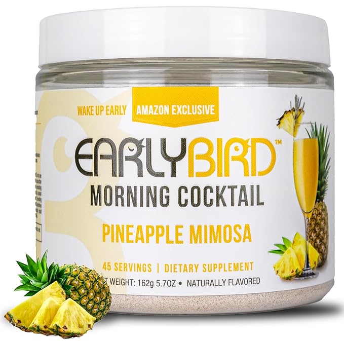 EarlyBird Morning Cocktail - Pineapple Mimosa 45 Servings - Clean Energy Drink (Natural Caffeine), Increased Motivation (Nootropics), Supercharged Hydration (Electrolytes) - Wake Up Early Drink w/