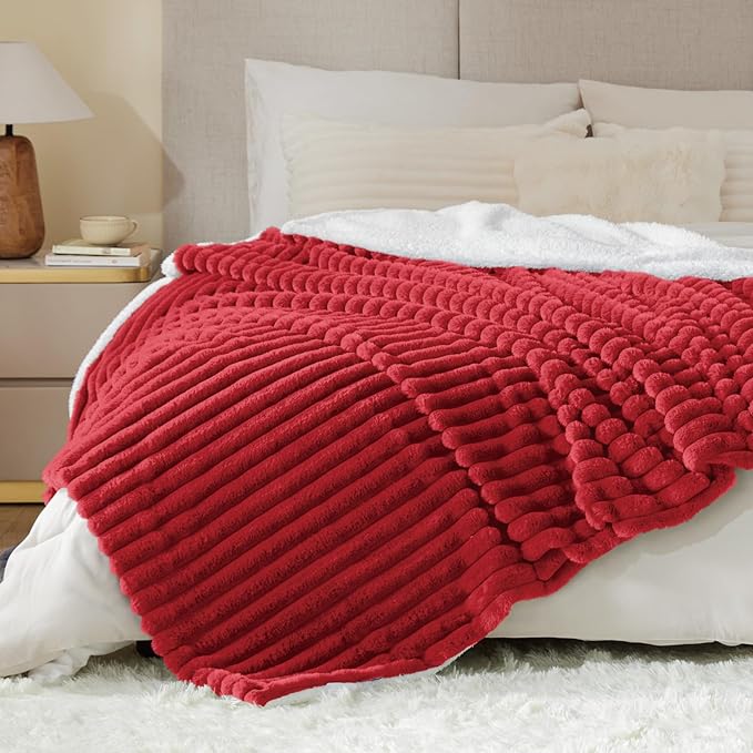 INFIIXSO Sherpa Fleece King Size Blanket - Super Soft & Warm Striped Fleece, Cozy Plush Fluffy Large Bed Blanket All Season Use (Red, 104x90 Inches)